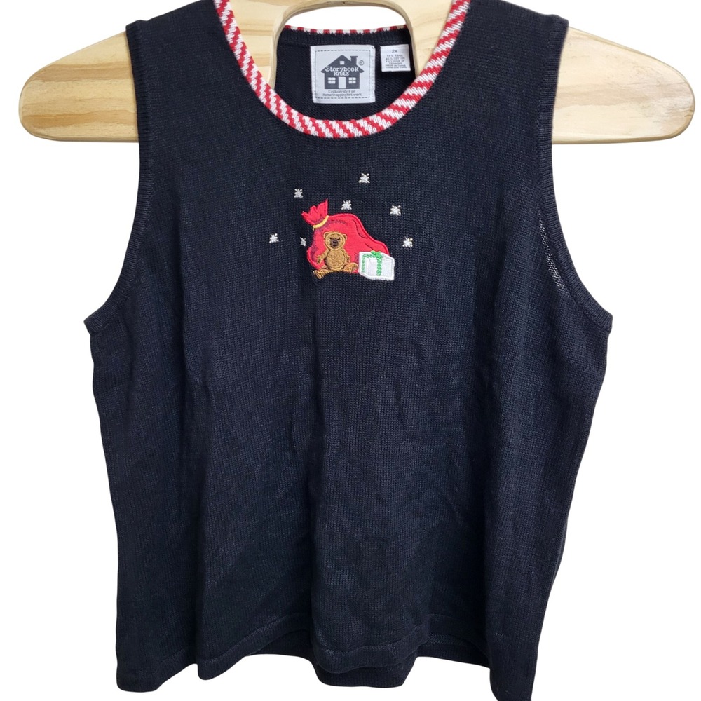Storybook Knits Black Sleeveless Holiday Embroidered Sweater Vest with Red Trim